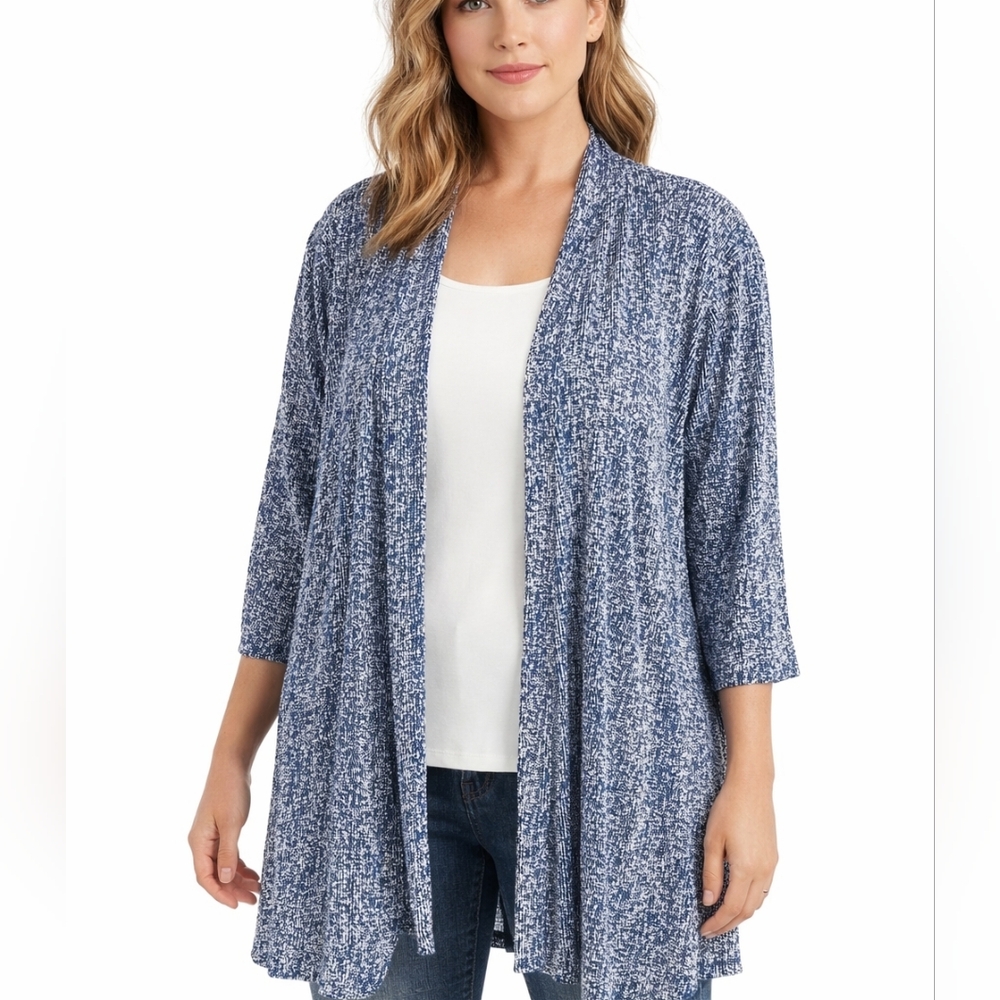 Chico"s Easywear Open Jacket Blue Speckled Jersey Knit Sz 2 (12) Travel Capsule